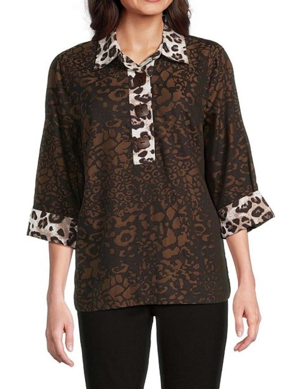 Ali Miles Brown Leopard Print 100% Cotton 3/4 Sleeve Blouse Size XL